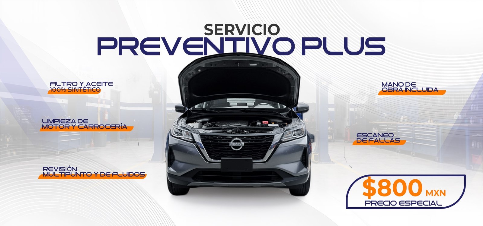 Servicio preventivo plus: filtro y aceite 100% sintético, limpieza de motor, escaneo de fallas y revisión multipunto por $800 MXN.